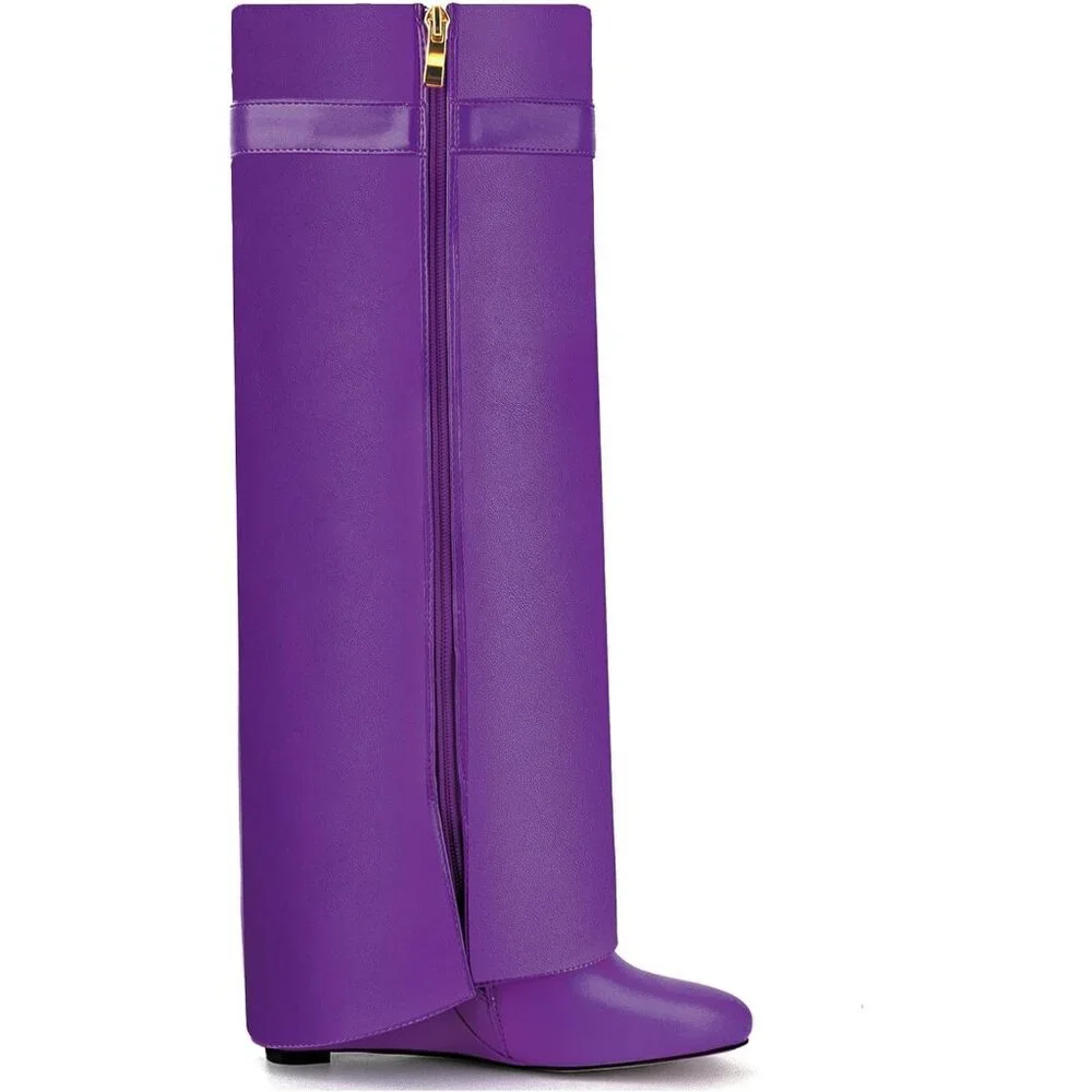 Women Faux Leather Purple Pull-on Wedge Heel Knee Shark Padlock Design Boot